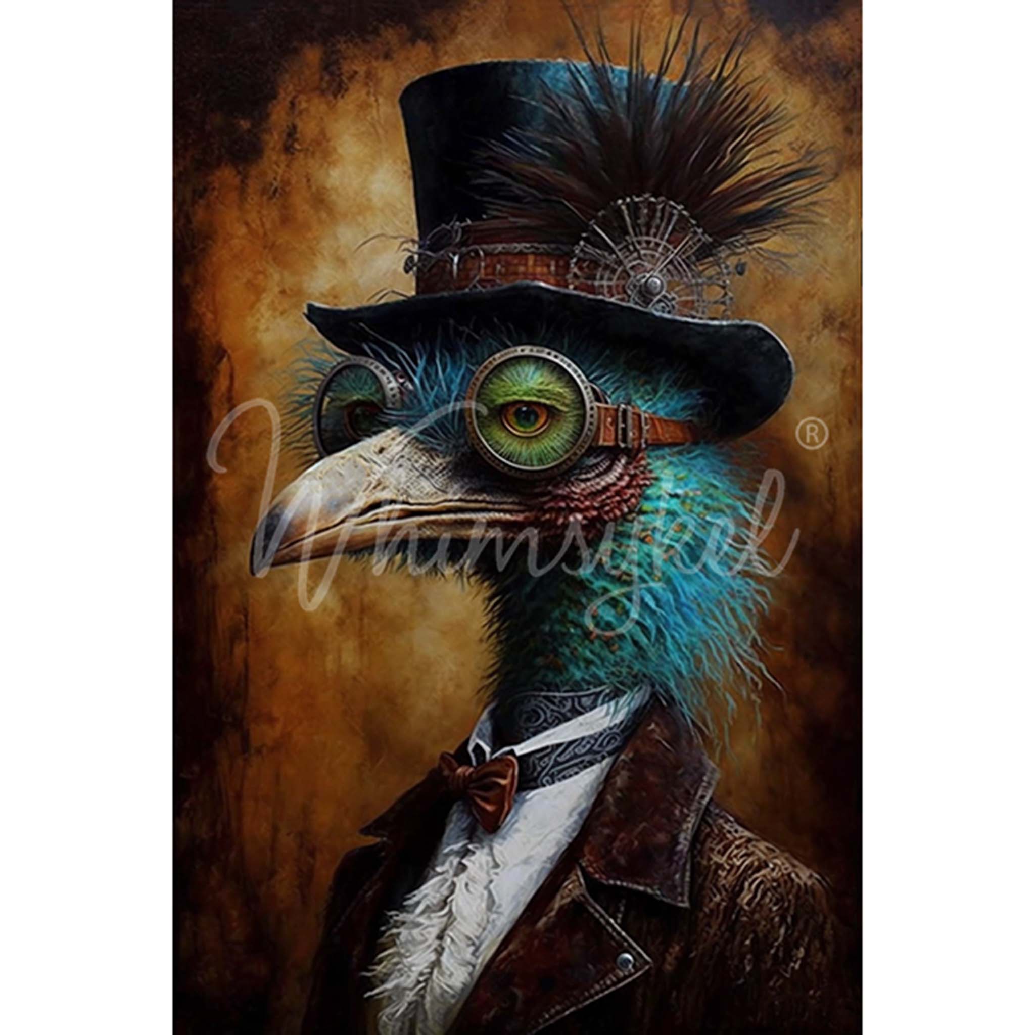 Tissue paper that features an eccentric vision where a regal ostrich dons the attire of the Steampunk era. White borders are on the sides.