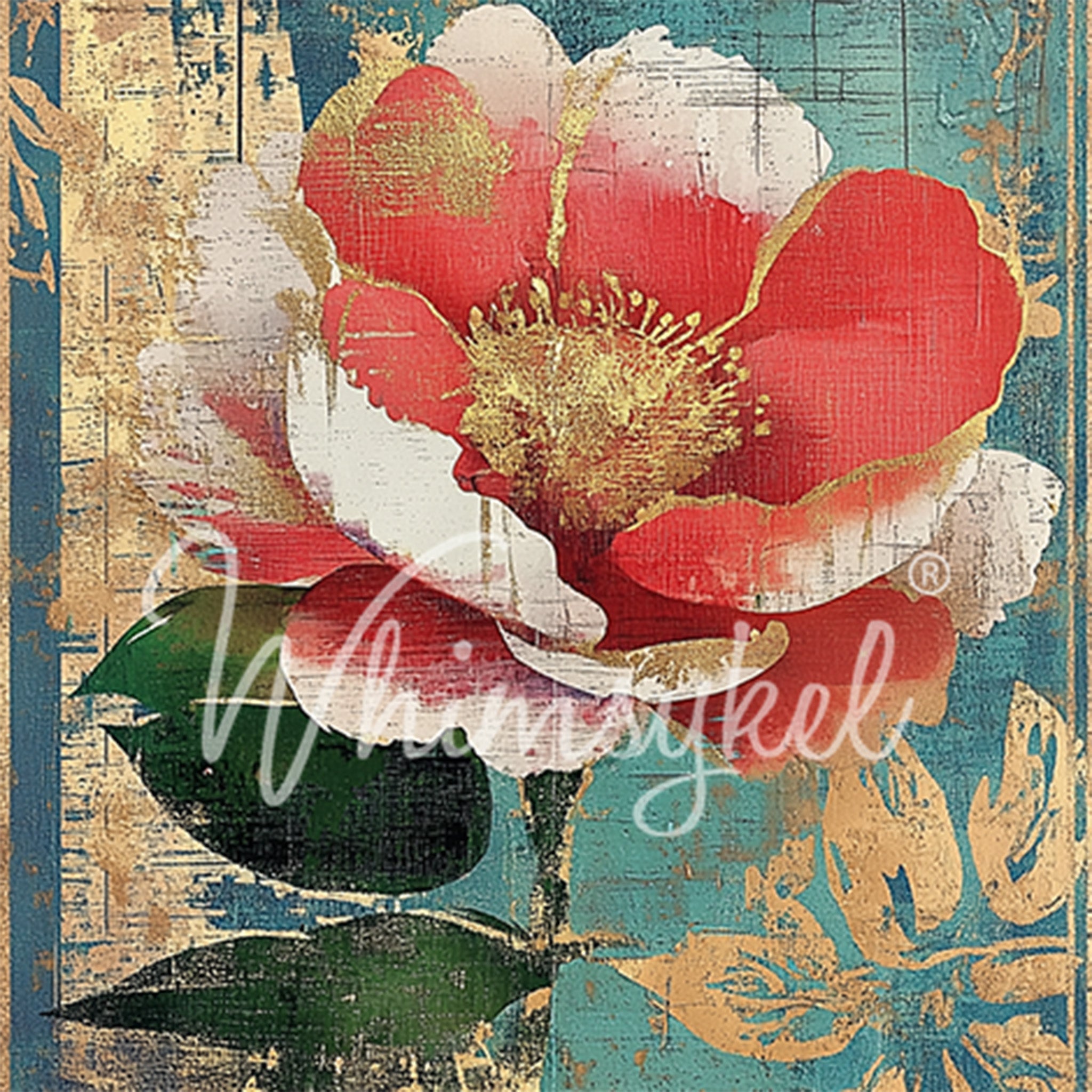 Close-up of a tissue paper design featuring a large single stem coral colored flower against a blue and gold floral stencil background