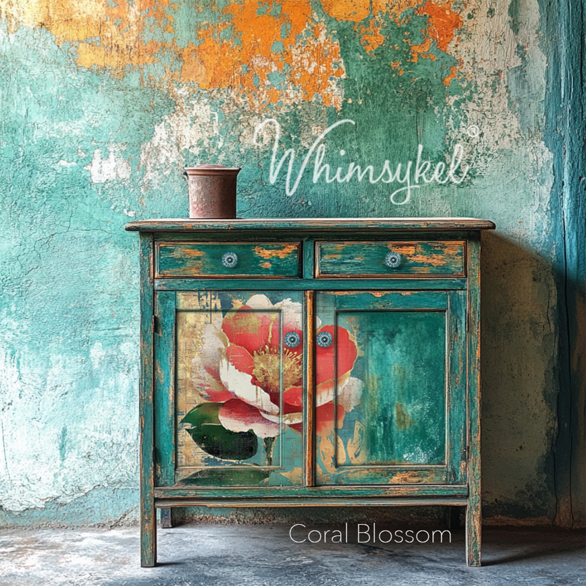 A vintage small buffet cabinet has weathered teal paint and features Whimsykel's Coral Blossom tissue paper on its 2 doors.