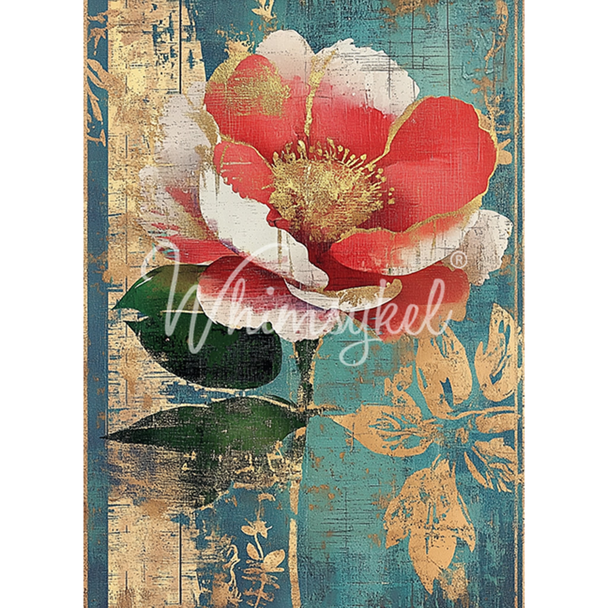 Tissue paper design featuring a large single stem coral colored flower against a blue and gold floral stencil background. White borders are on the sides.