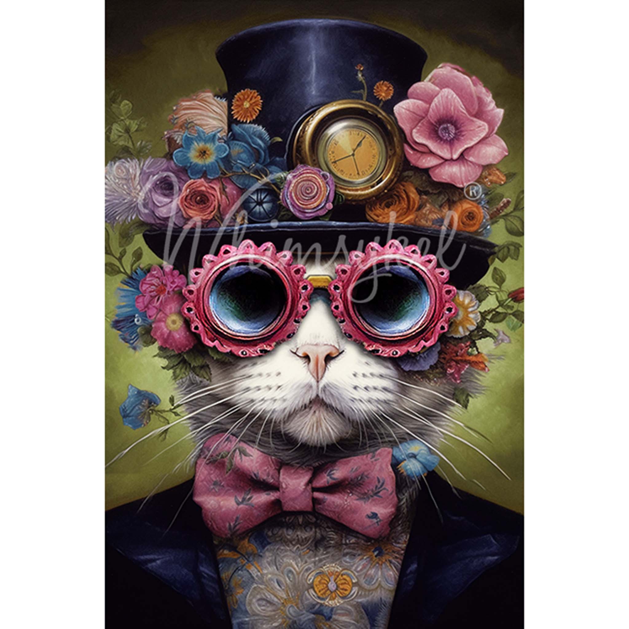 Tissue paper design of a whimsical artwork featuring a charming cat donning a top hat and sunglasses amidst a vibrant garden of flowers. White border are on the sides.