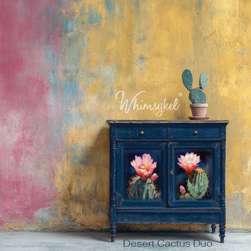 A vintage small buffet cabinet is painted dark blue and features Whimsykel's Desert Cactus Duo tissue paper on the 2 door inlays.