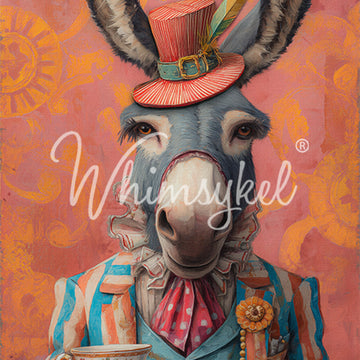 Whimsykel Time for Tea 21x29 decoupage paper close-up with whimsical donkey in striped suit, top hat, and teacup