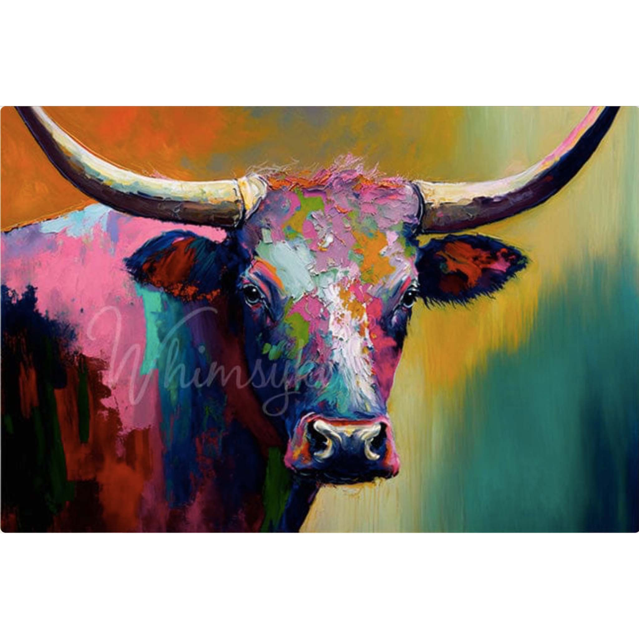 Tissue paper design that features a whimsical colorful oil painting of a Longhorn cow. White borders are on the top and bottom.