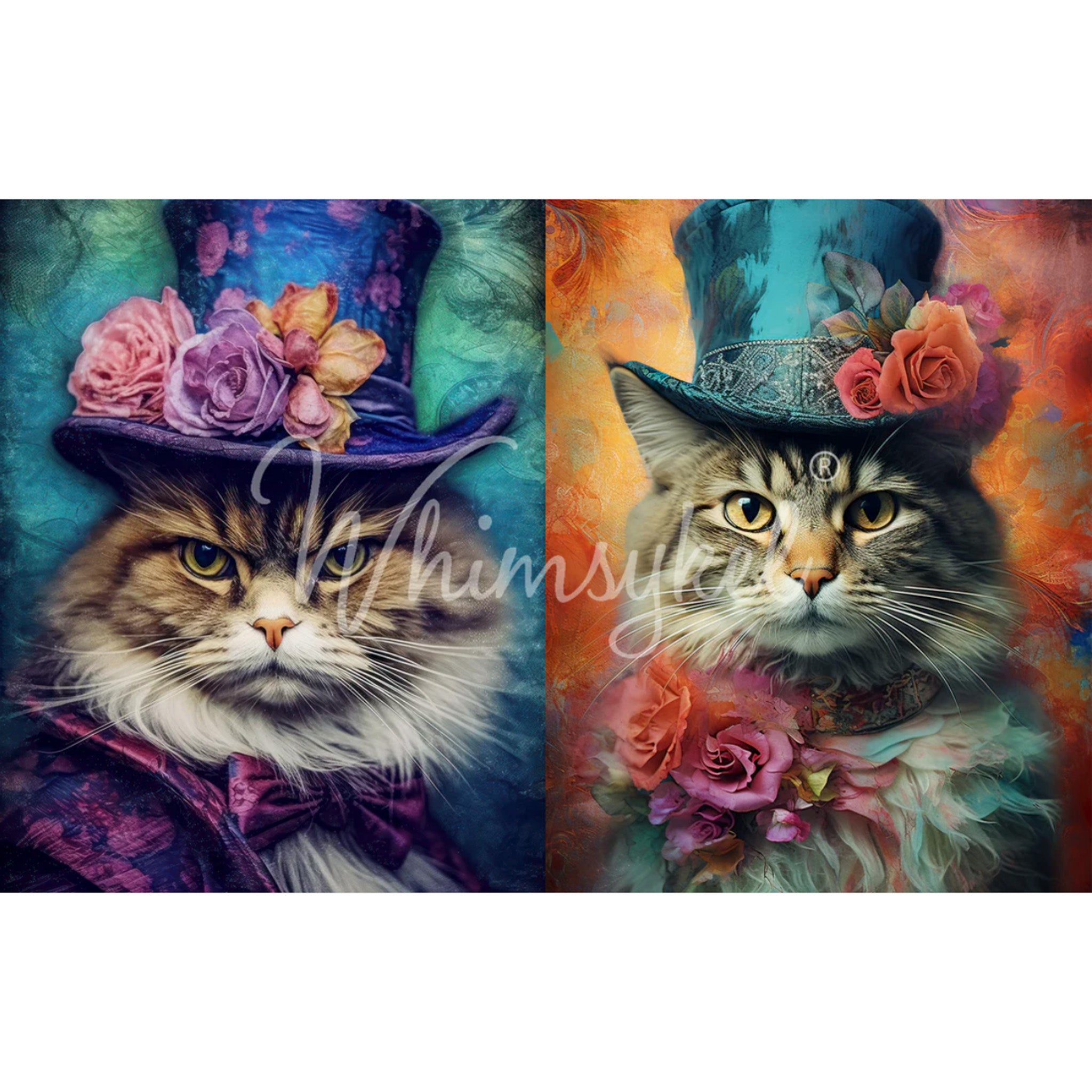 Tissue paper featuring side by side designs of Whimsykel's 
 adventurous Sour Puss and stylish Riley Cooper Cat, both wearing flower-covered top hats. White borders are on the top and bottom.