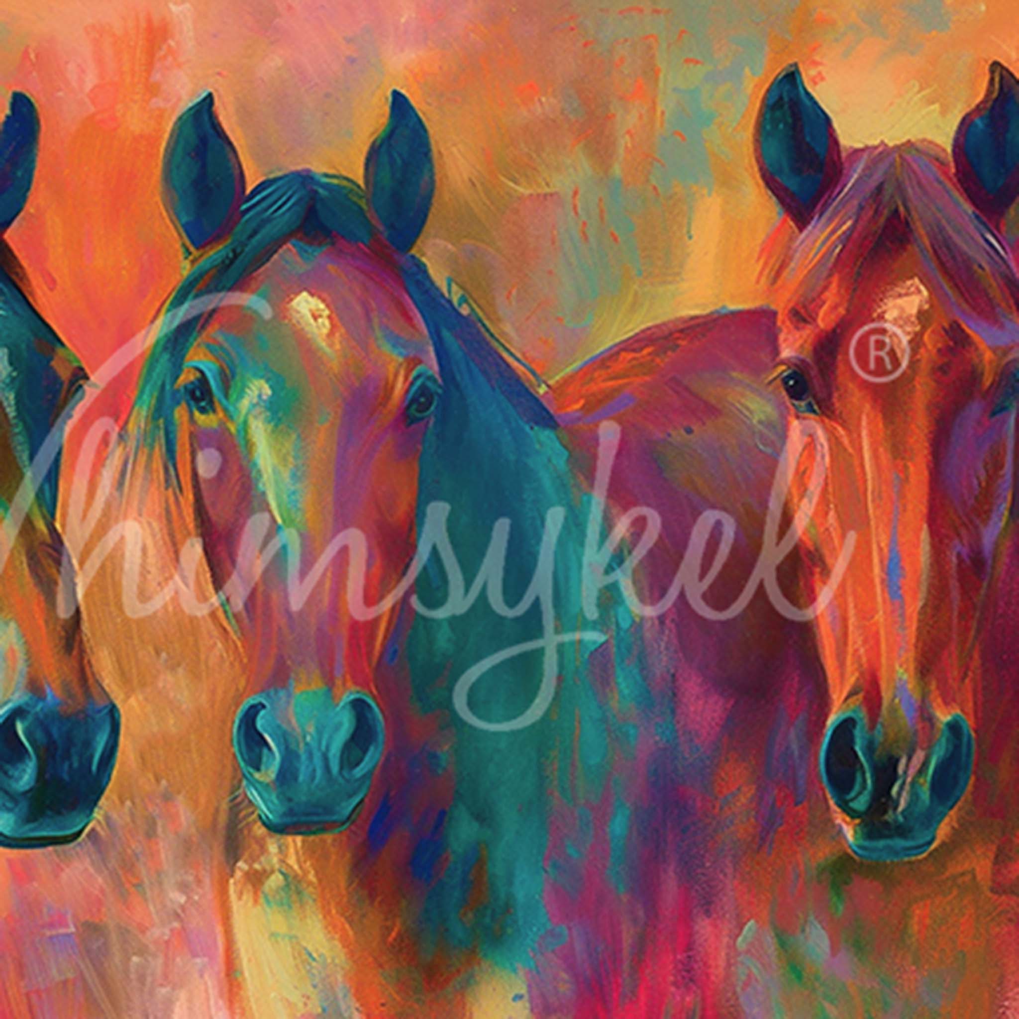 Close-up of a tissue paper that features a whimsically colorful painted portrait of 3 horses.