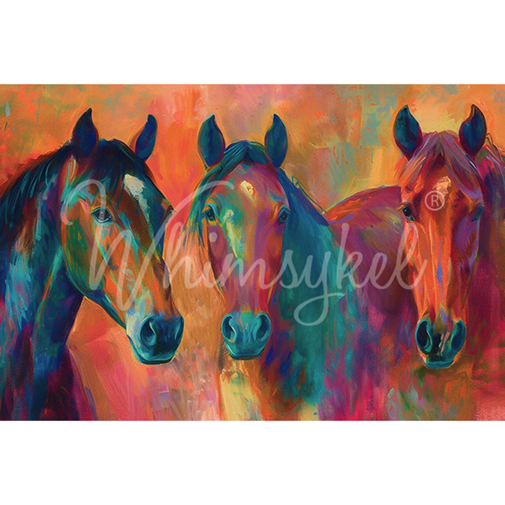 Tissue paper that features a whimsically colorful painted portrait of 3 horses. White borders are on the top and bottom.