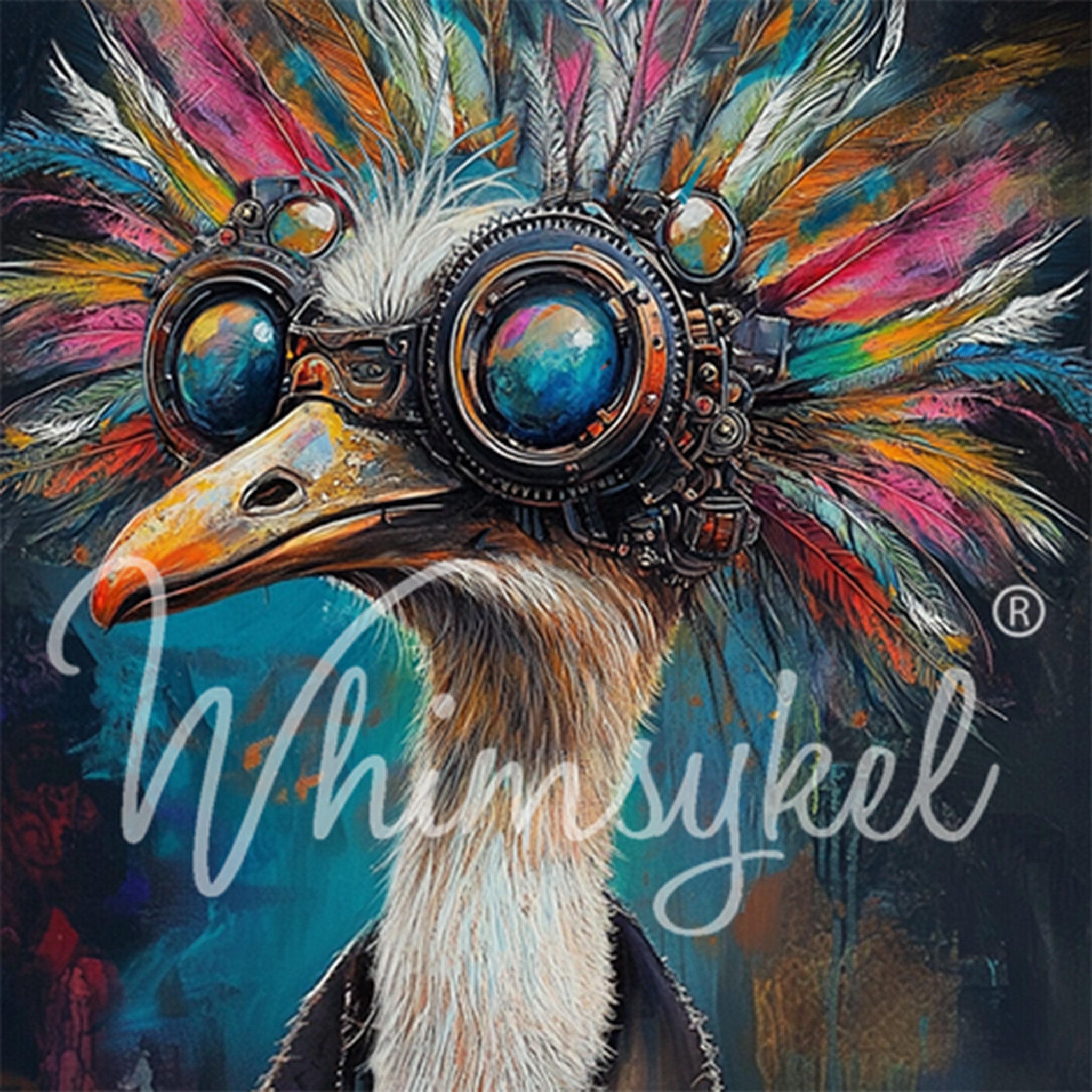 Close-up of a tissue paper design featuring a steampunk ostrich with its vibrant feathered headdress and detailed goggles is against a paint splattered background. 