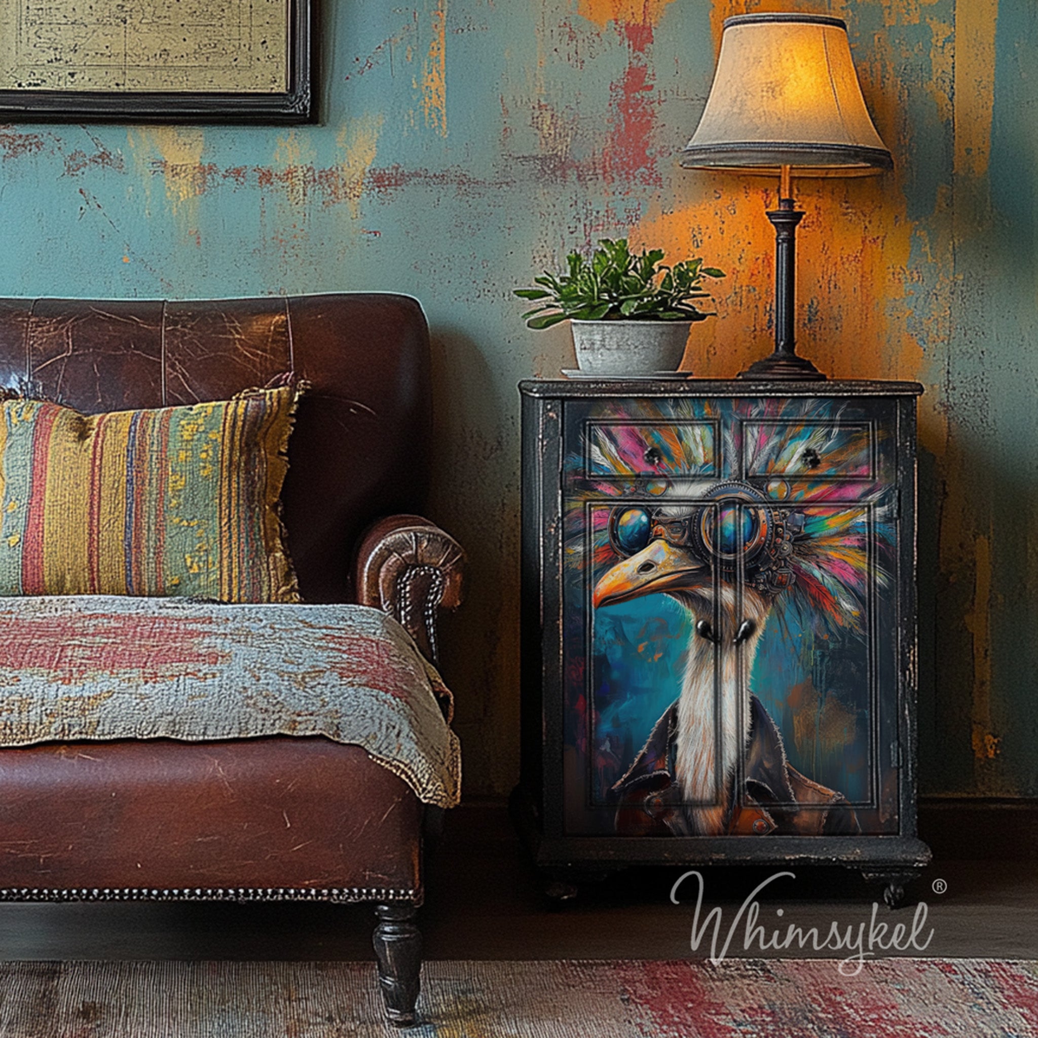 A vintage small buffet cabinet features Whimsykel's Emmett Ostrich tissue paper on the front.