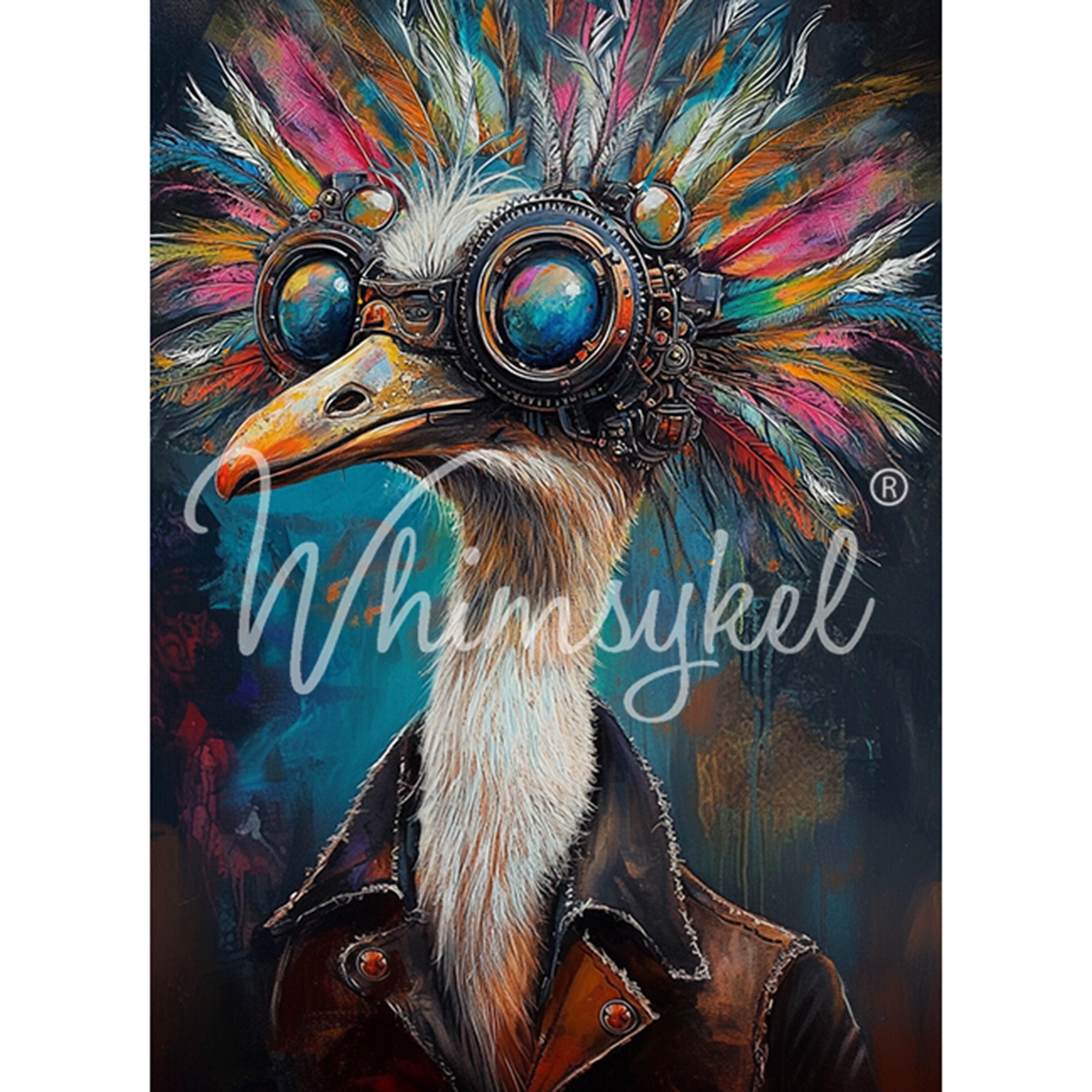 Tissue paper design featuring a steampunk ostrich with its vibrant feathered headdress and detailed goggles is against a paint splattered background. White borders are on the sides.