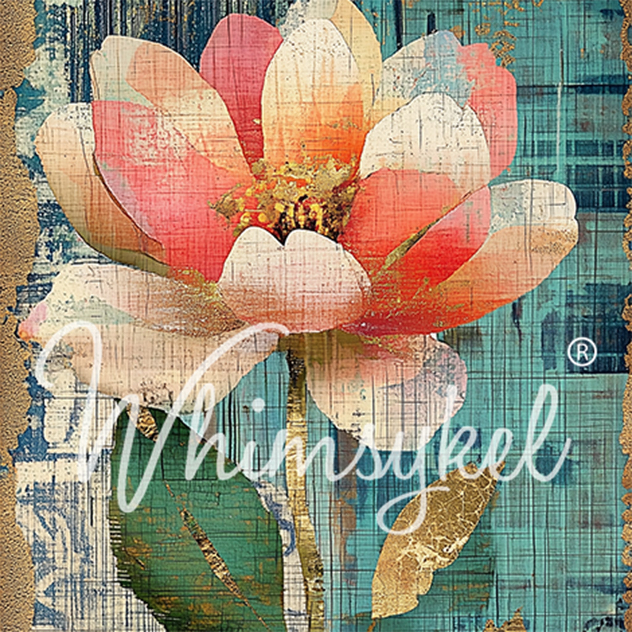 Close-up of a tissue paper featuring a large single steam coral colored flower against a split backdrop of light teal and navy blue on one side, and cream color with a light blue stencil design on the other. 