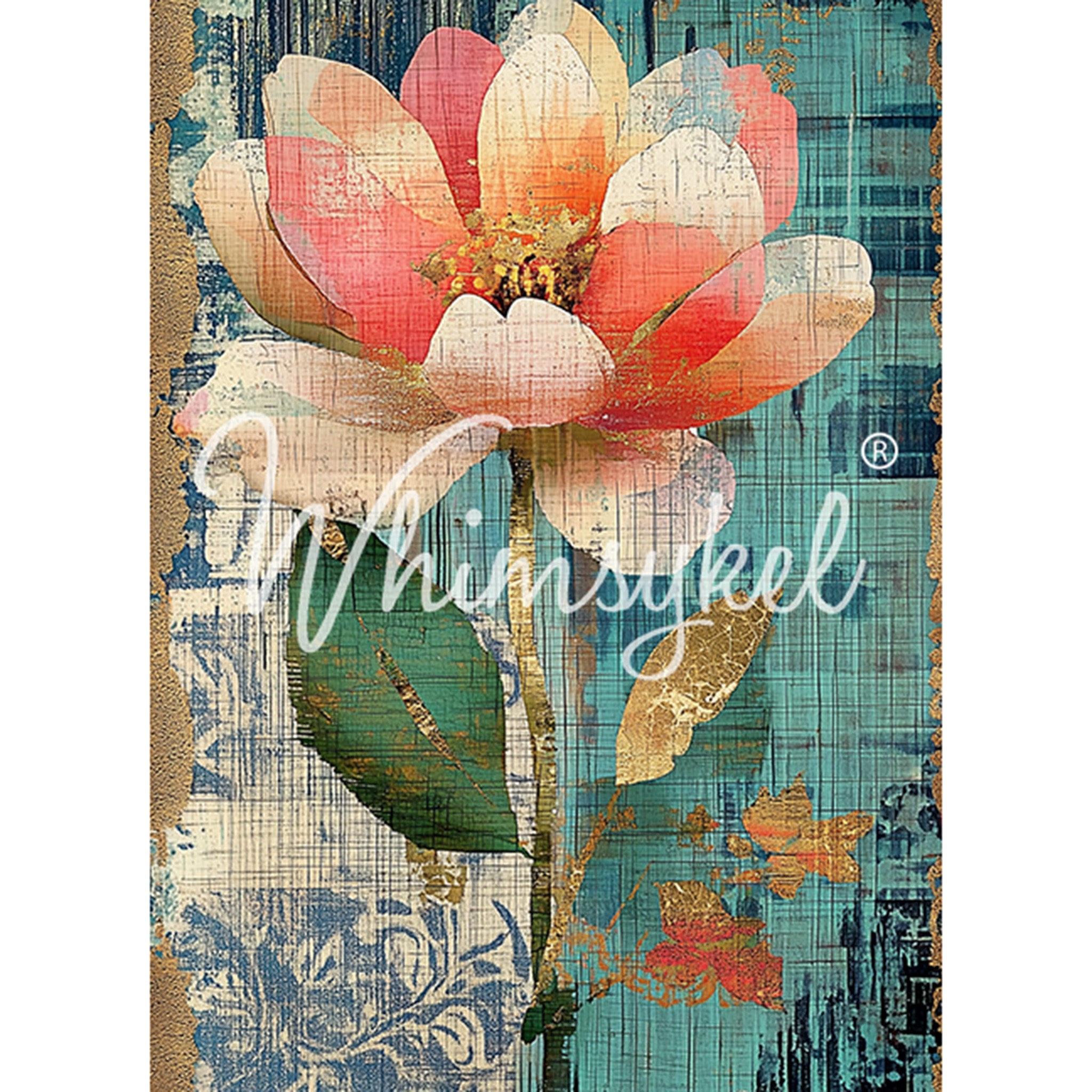 Tissue paper featuring a large single steam coral colored flower against a split backdrop of light teal and navy blue on one side, and cream color with a light blue stencil design on the other. White borders are on the sides.