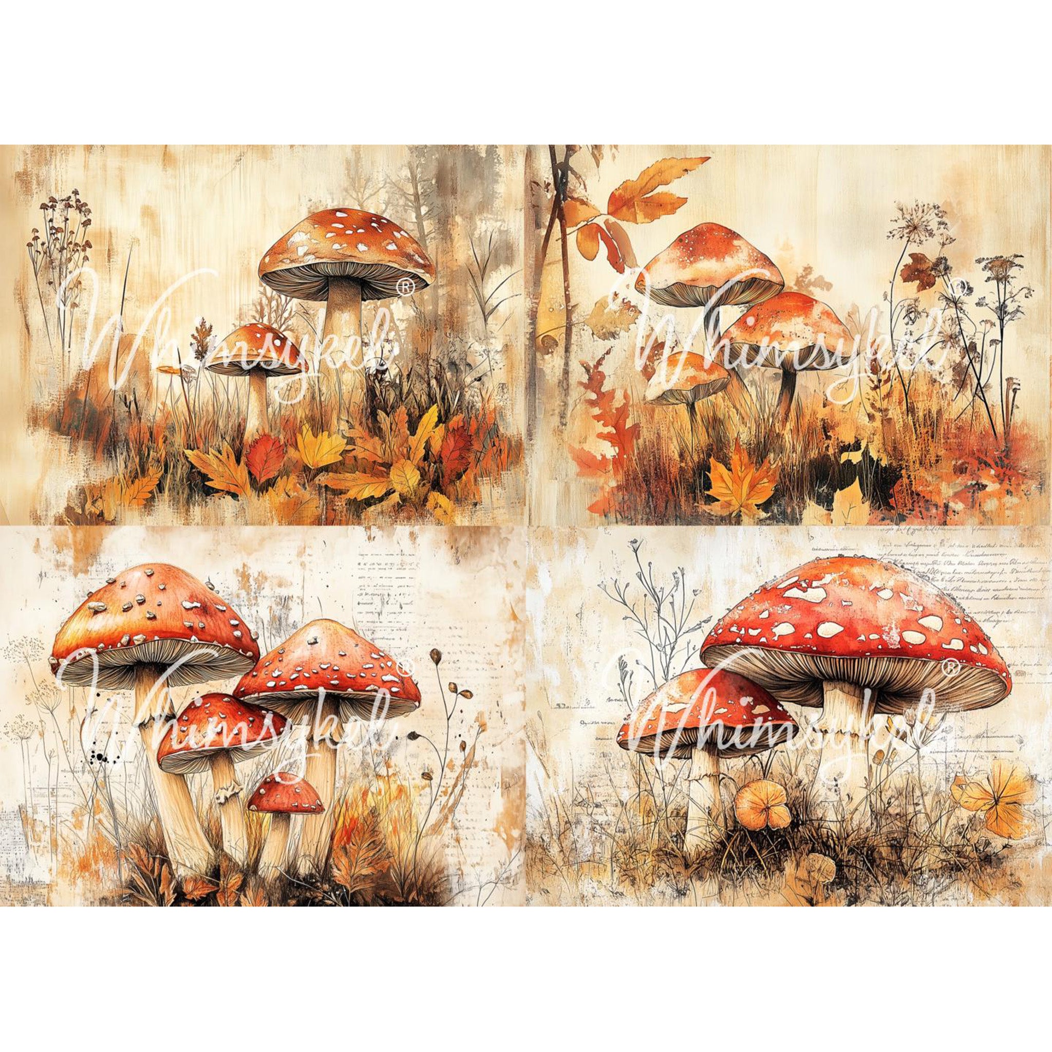 Tissue paper design featuring  4 quirky scenes of vibrant red-capped mushrooms and falling leaves is against a white background.