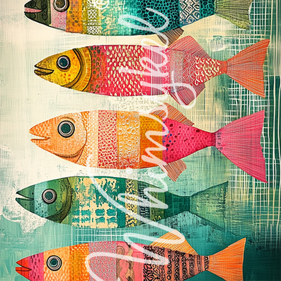 A close-up of a tissue paper featuring 5 colorful fish striped against a blue, green, and cream hatch mark backdrop.
