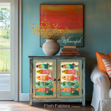 A vintage bar cabinet features 2 sheets of Whimsykel's Fish Fables on its 2 door inlays.