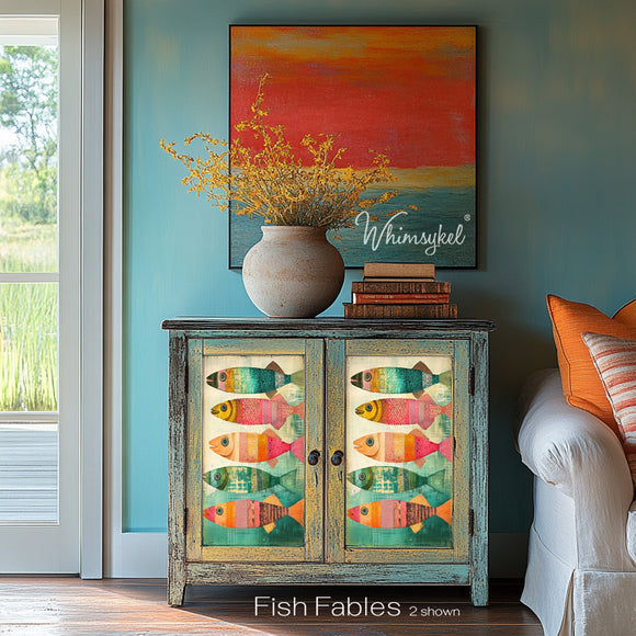 A vintage bar cabinet features 2 sheets of Whimsykel's Fish Fables on its 2 door inlays.