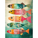 Tissue paper featuring 5 colorful fish striped against a blue, green, and cream hatch mark backdrop. White borders are on the sides.