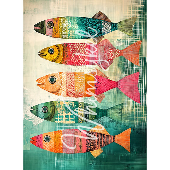 Tissue paper featuring 5 colorful fish striped against a blue, green, and cream hatch mark backdrop. White borders are on the sides.