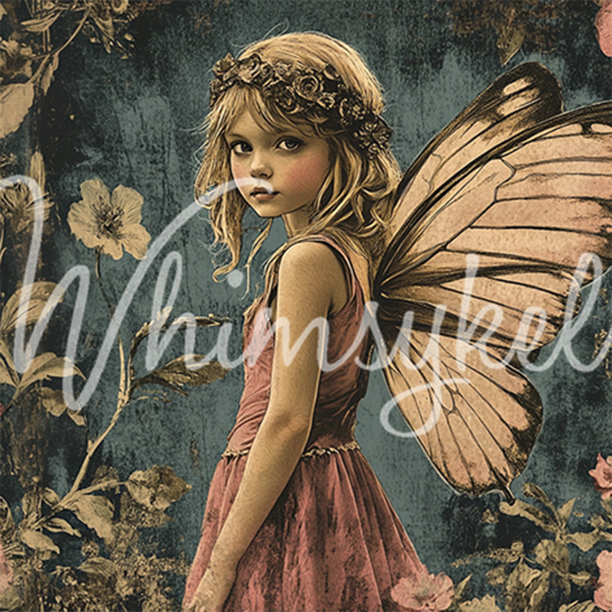 Close-up of a tissue paper design featuring a child fairy with butterfly wings and a floral crown is against a grunge blue backdrop with blush florals.