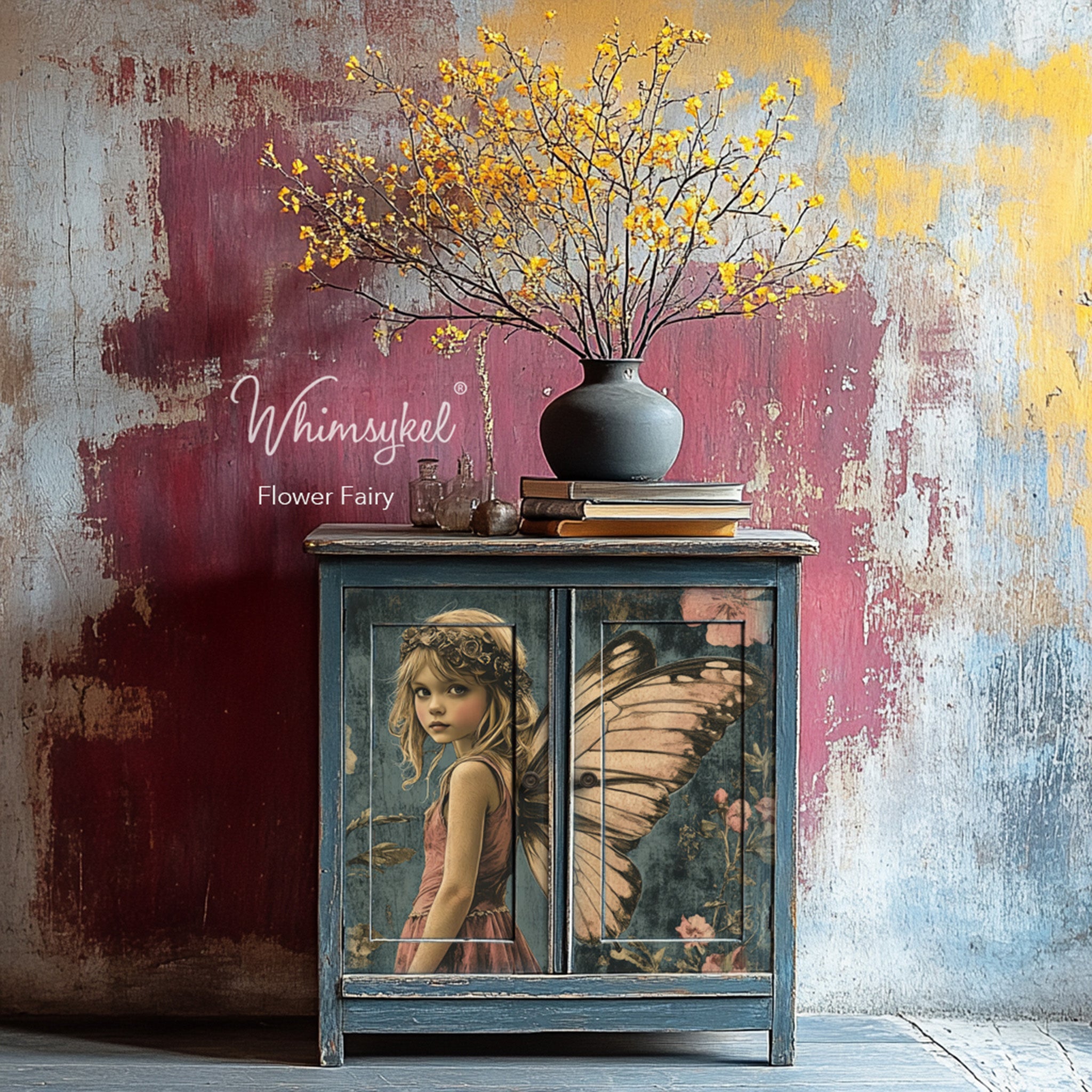 A blue small buffet cabinet features Whimsykel's Flower Fairy tissue paper on its 2 doors.