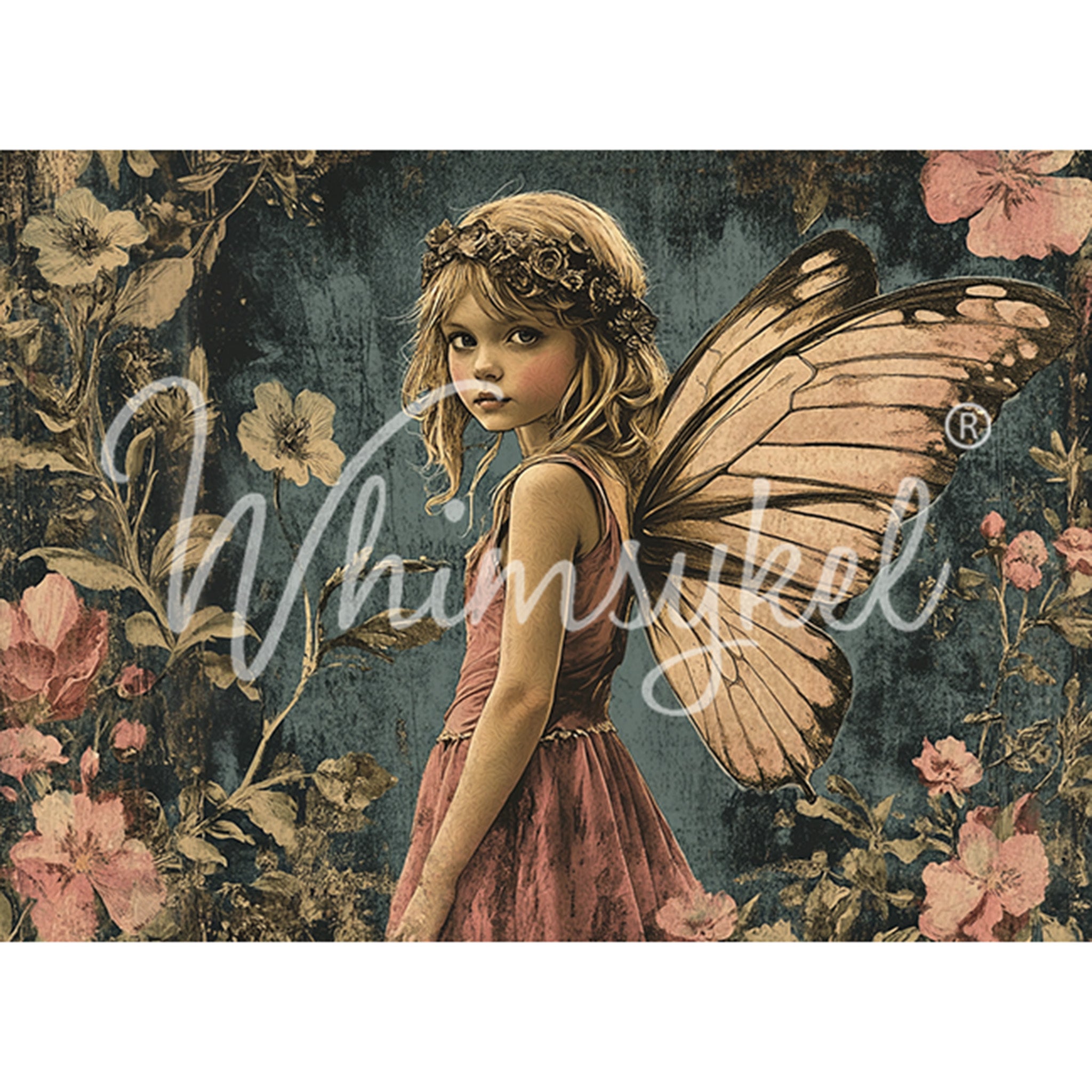 Tissue paper design featuring a child fairy with butterfly wings and a floral crown is against a grunge blue backdrop with blush florals. White borders are on the top and bottom.