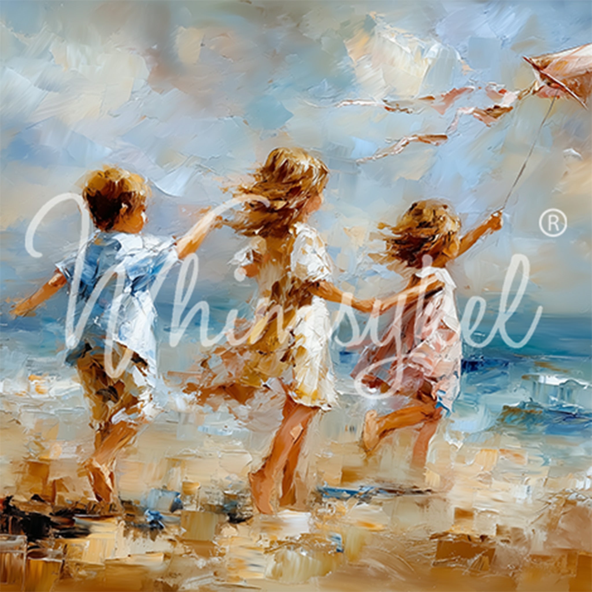 Painting of children playing on a beach with 'Whistling Street' logo.
