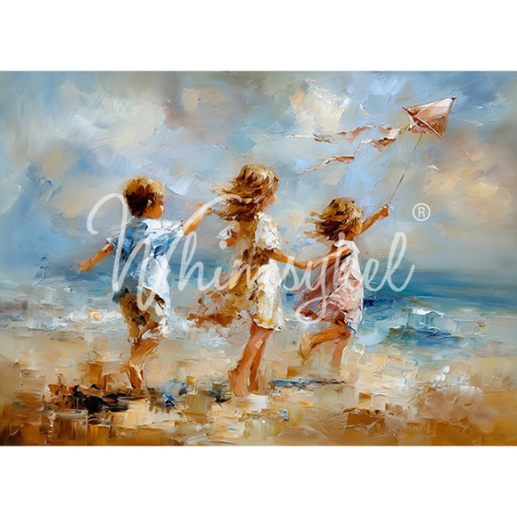 Children playing with kites on a beach, artistic depiction.