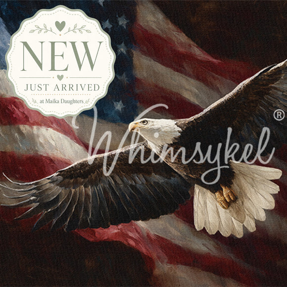 Eagle flying in front of an American flag with 'Whimsykel' branding.