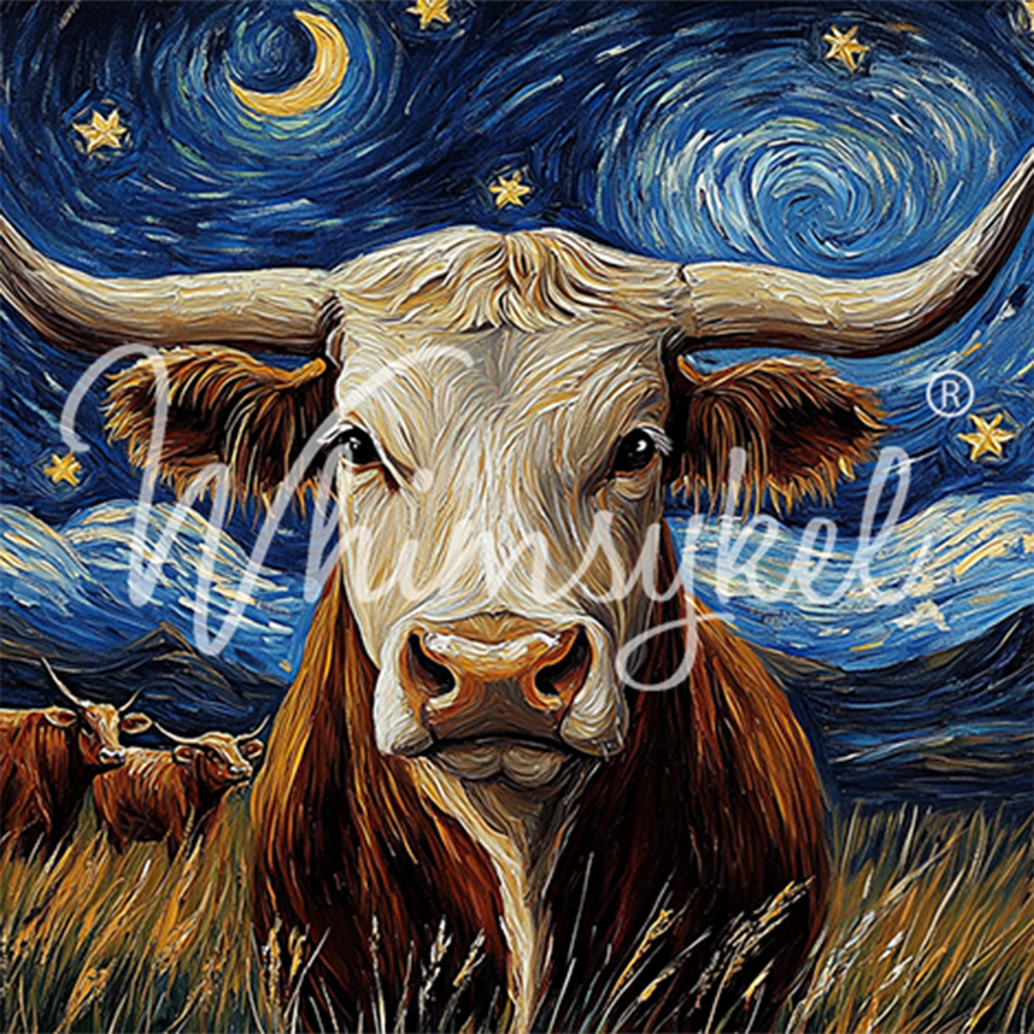 Close-up of a tissue paper design featuring a swirling painting of cows in a field, one up close, against a night blue sky with stars.