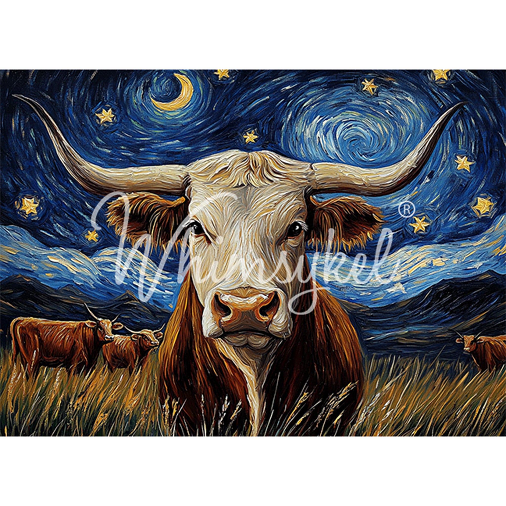 Tissue paper design featuring a swirling painting of cows in a field, one up close, against a night blue sky with stars. White borders are on the top and bottom.