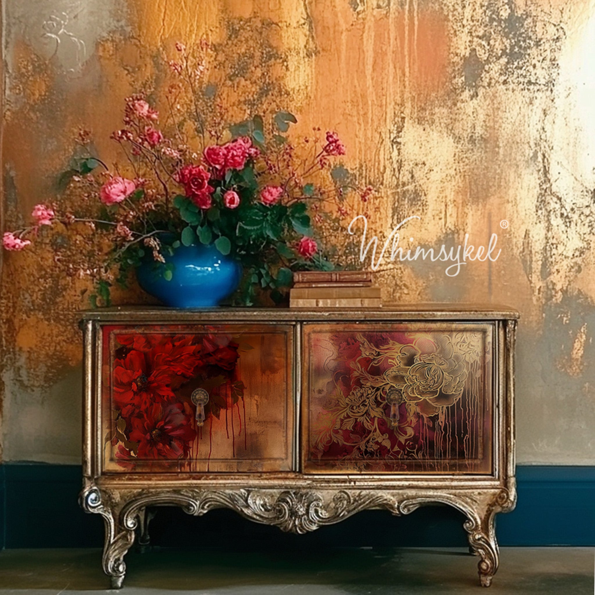 A vintage console table with 2 door storage is painted gold and features Whimsykel's Gilded Patina tissue paper on the doors.