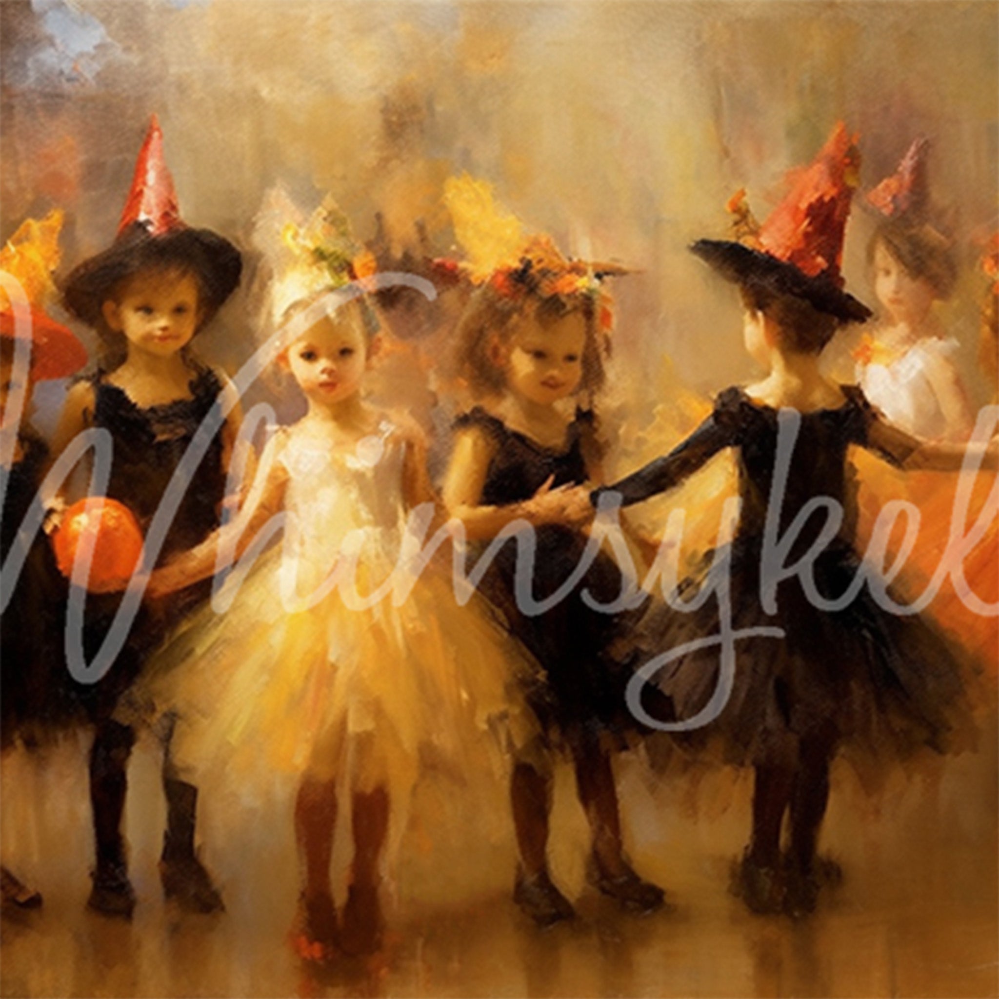 Close-up of a tissue paper design that features young girls dressed in festive costumes, preparing for a Halloween dance performance. 