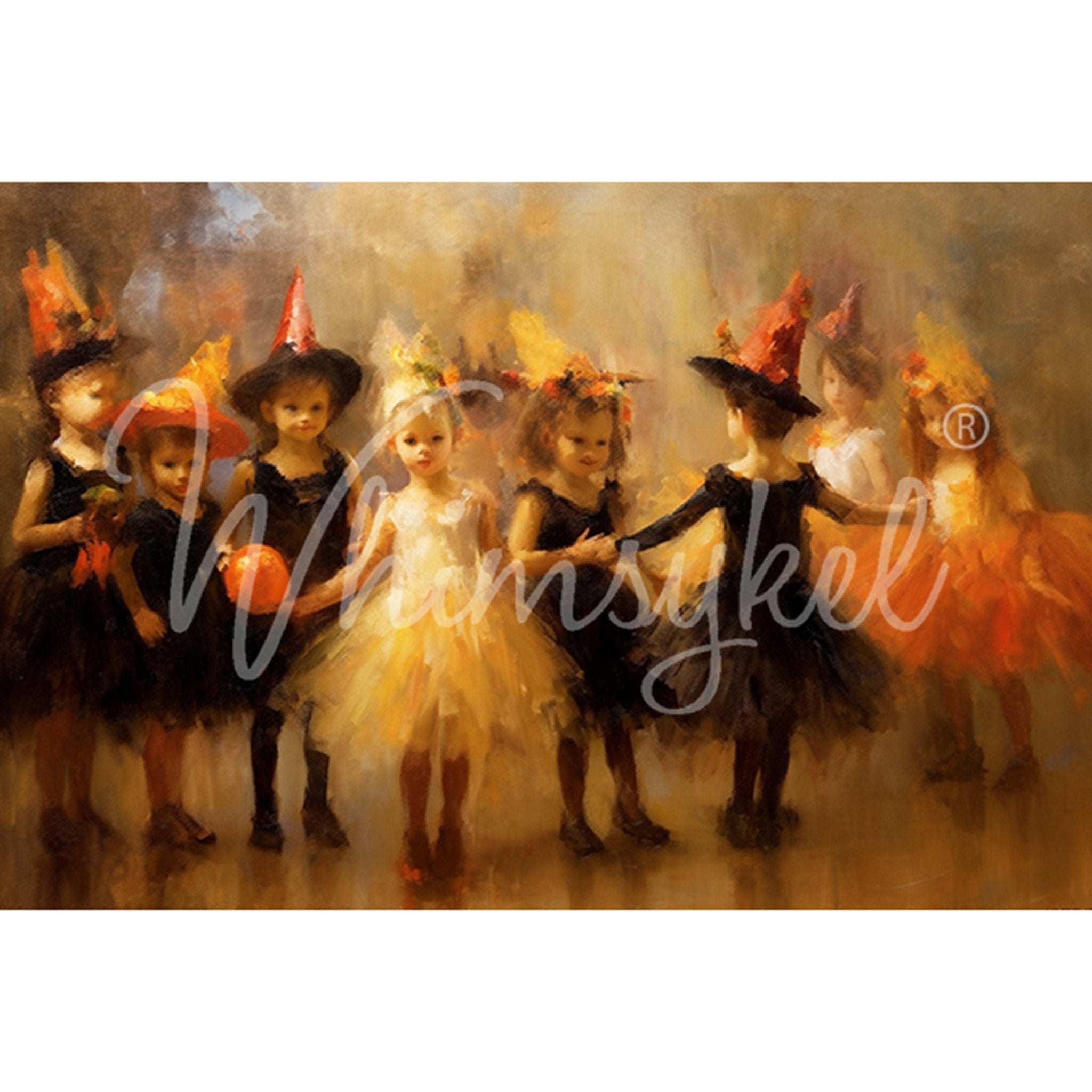 Tissue paper design that features young girls dressed in festive costumes, preparing for a Halloween dance performance. White borders are on the top and bottom.