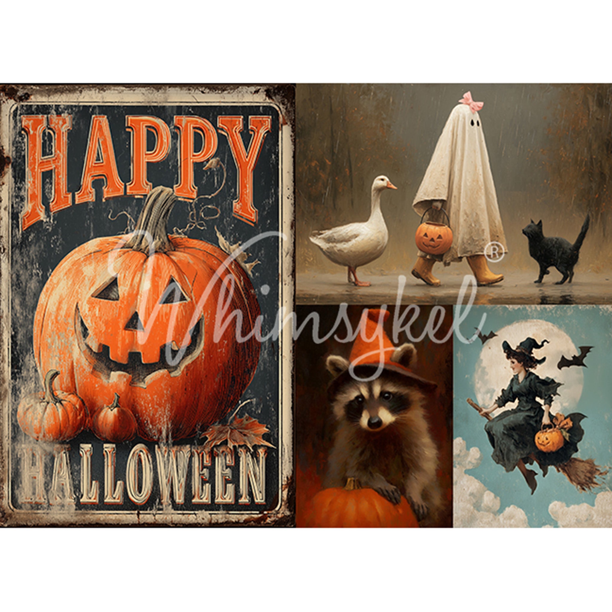 Collage of Halloween-themed images including a pumpkin, ghost, witch, and raccoon.