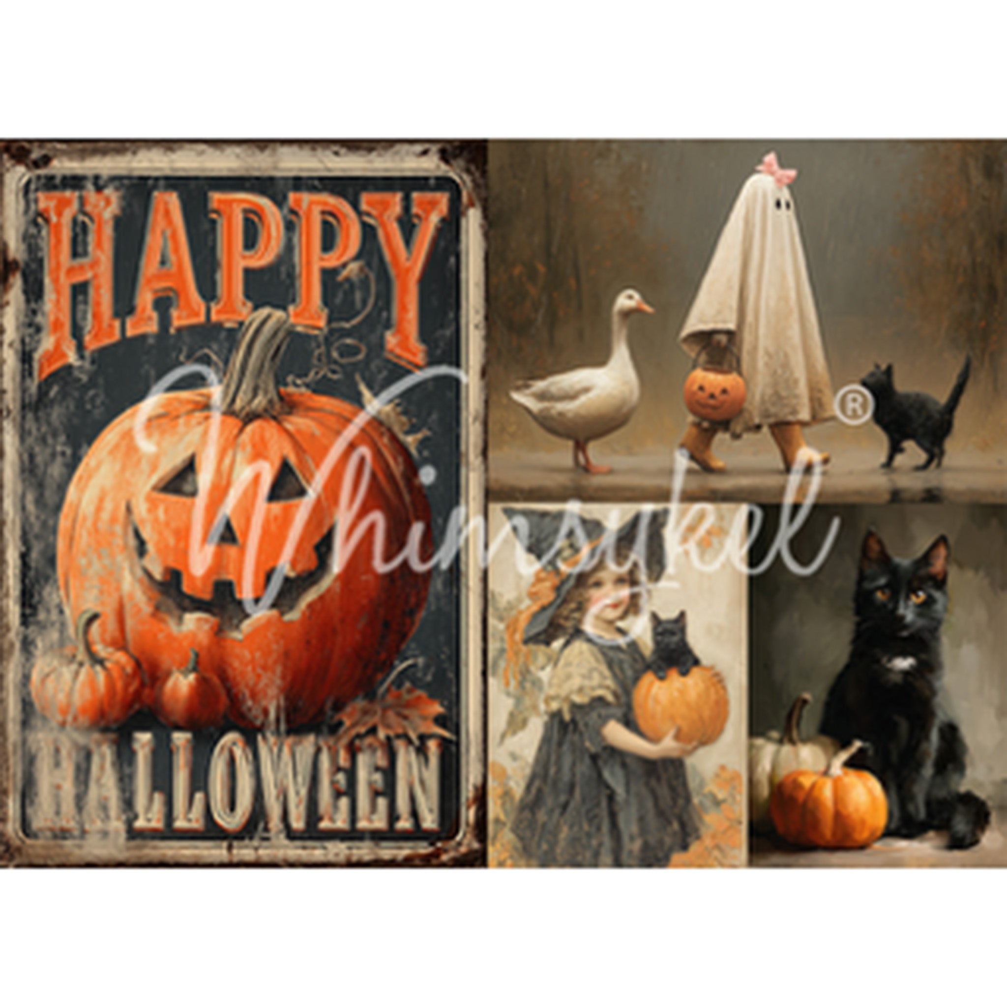 Vintage-style Halloween sign with pumpkin and text, alongside a shelf with decorative items including a ghost, cat, and pumpkins.