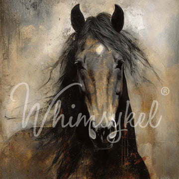 Close-up of a tissue paper design that features a beautiful portrait painting of a dark brown horse with a wild mane and an intense stare.