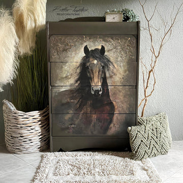 Upcycled dresser makeover featuring Whimsykel “Heart Horse” 21x29 tissue decoupage paper applied across drawers, rustic western horse decor finish