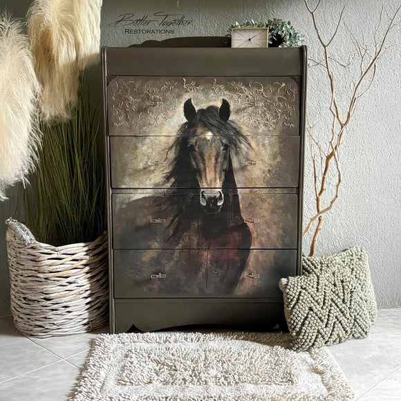 Upcycled dresser makeover featuring Whimsykel “Heart Horse” 21x29 tissue decoupage paper applied across drawers, rustic western horse decor finish