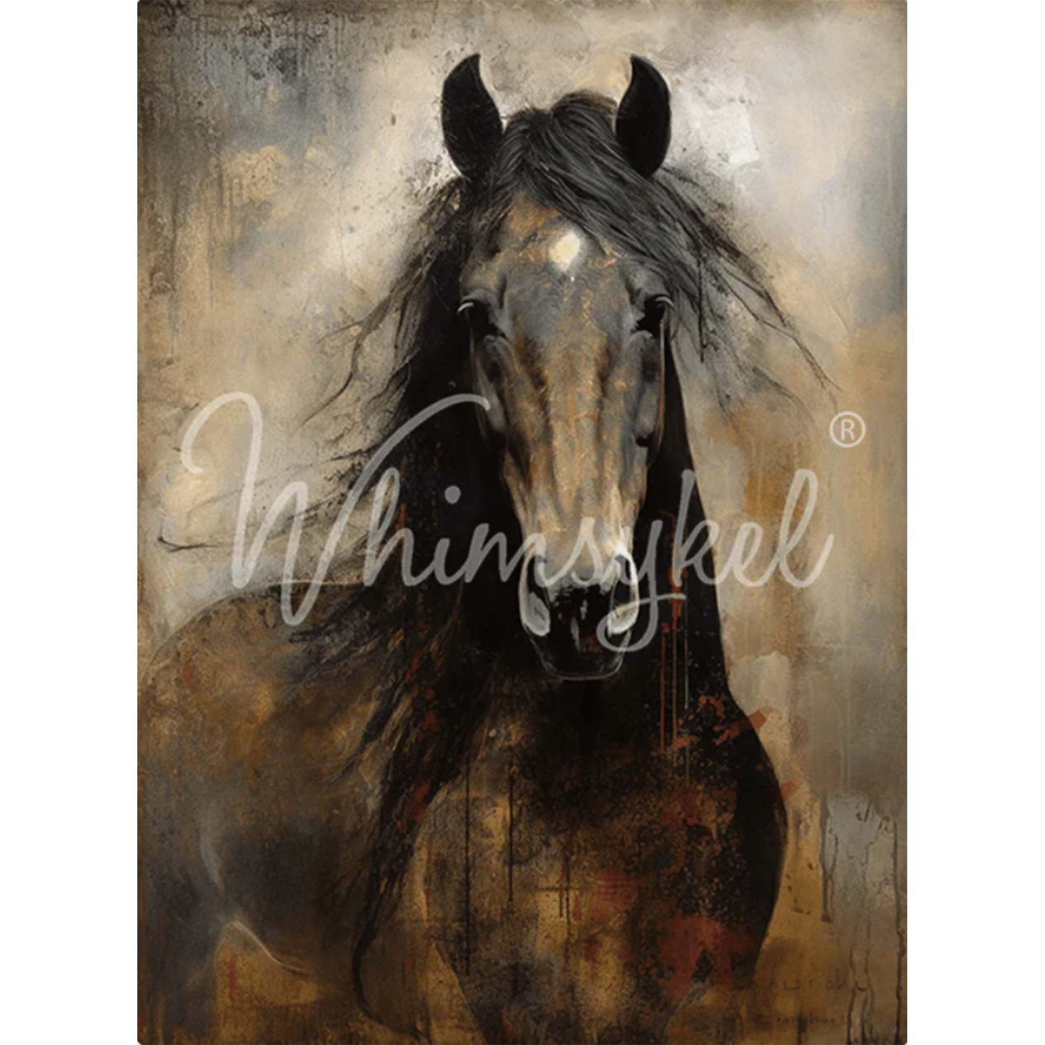 Tissue paper design that features a beautiful portrait painting of a dark brown horse with a wild mane and an intense stare. White borders are on the sides.