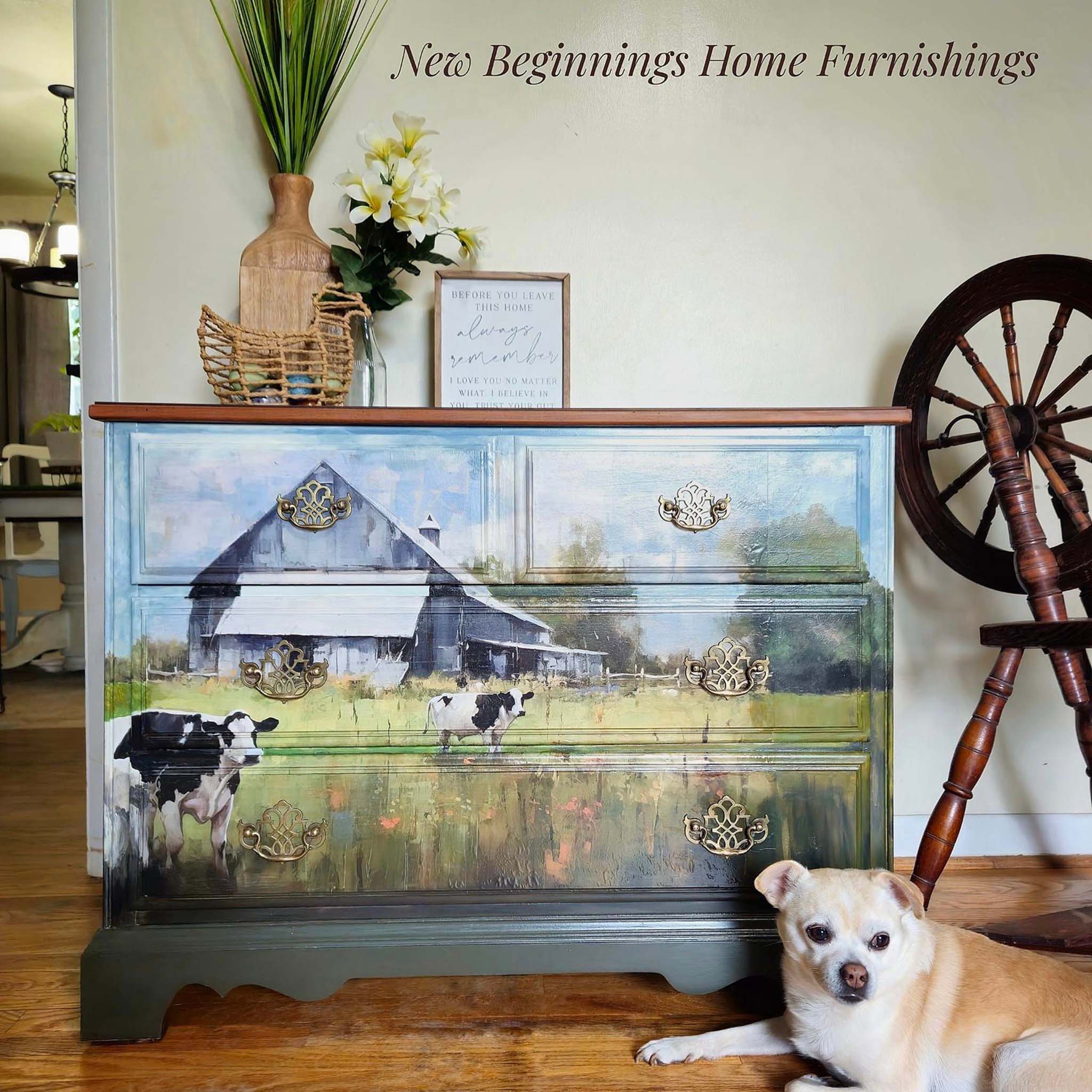 A vintage 4-drawer dresser refurbished by New Beginnings Home Furnishings features Whimsykel's Heartland tissue paper on the front.