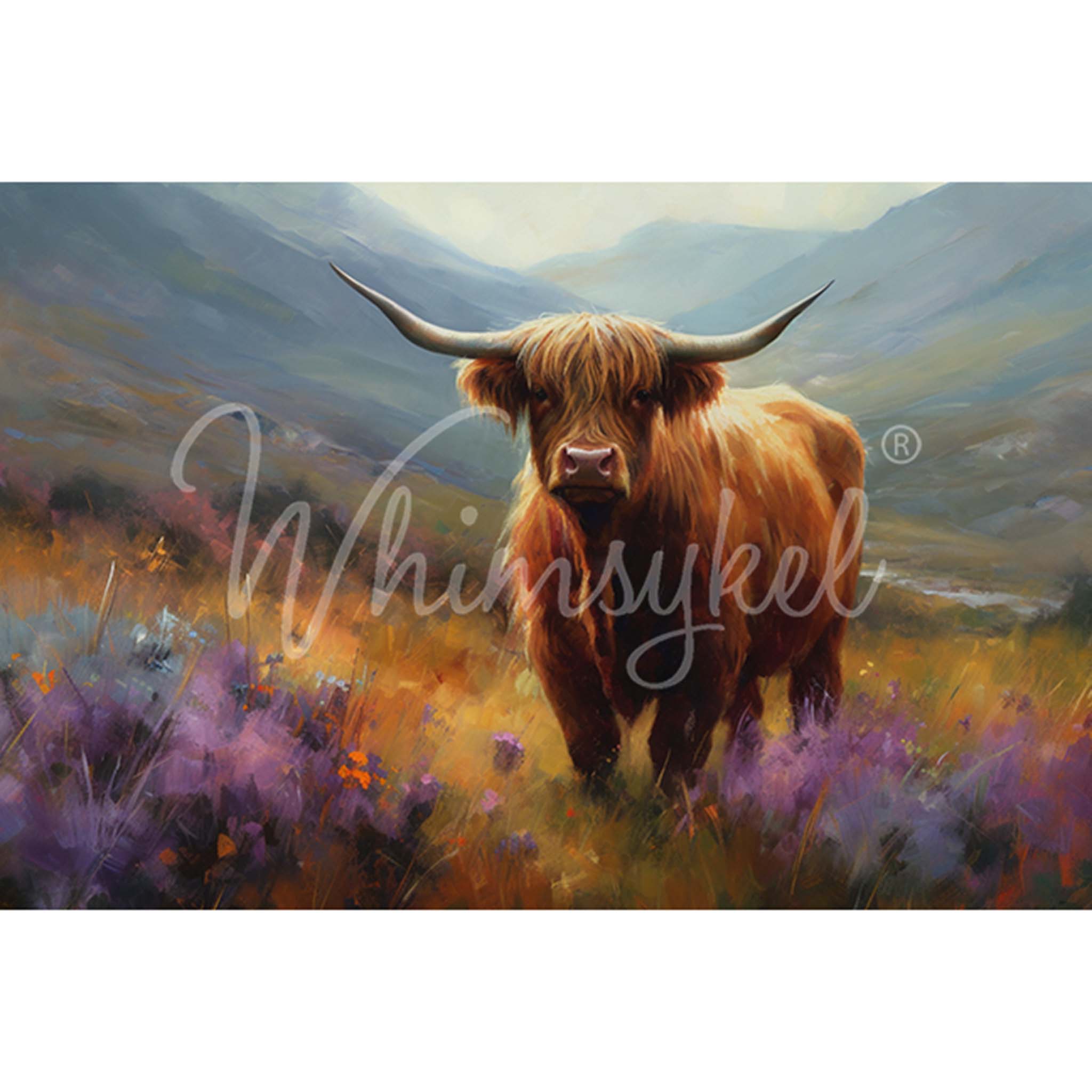 Tissue paper design of a Highland cow in a dreamy floral valley field. White borders are on the top and bottom.