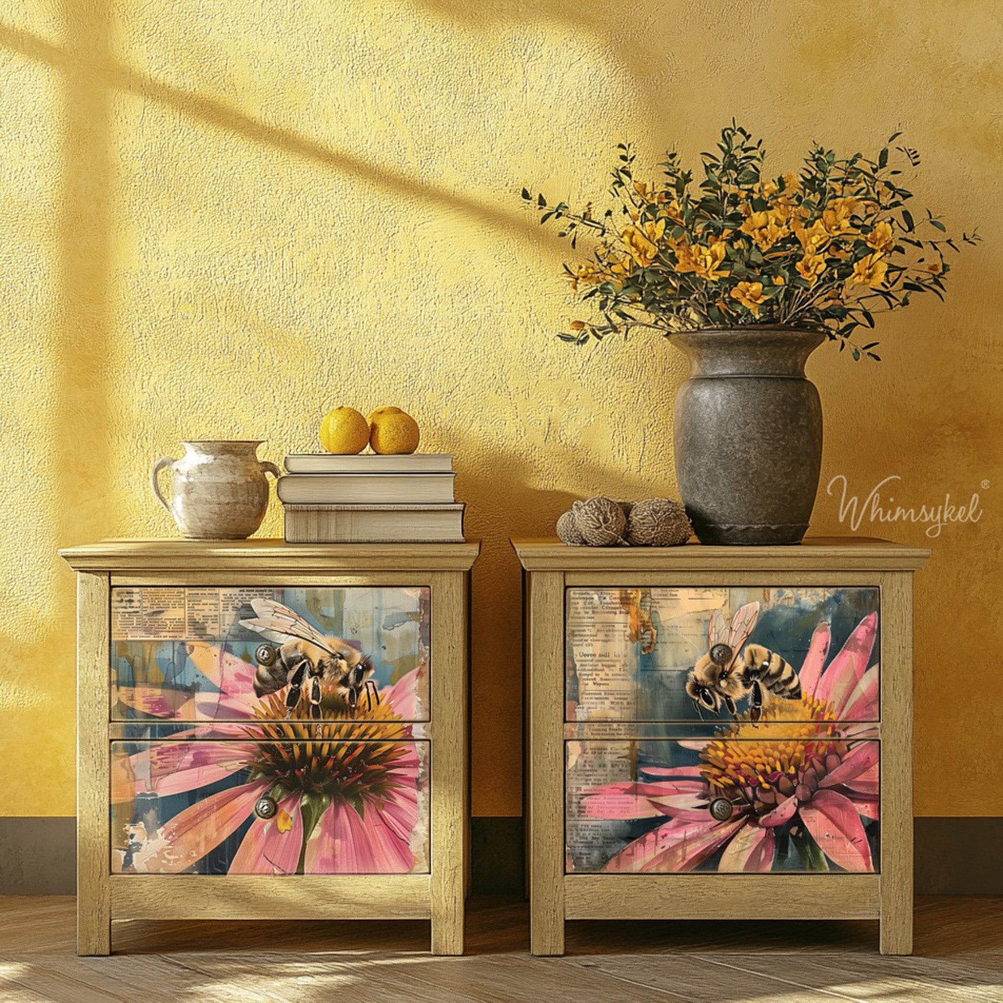 Two light natural wood nightstands feature Whimsykel's Honey Bees tissue paper on their 2 drawers.