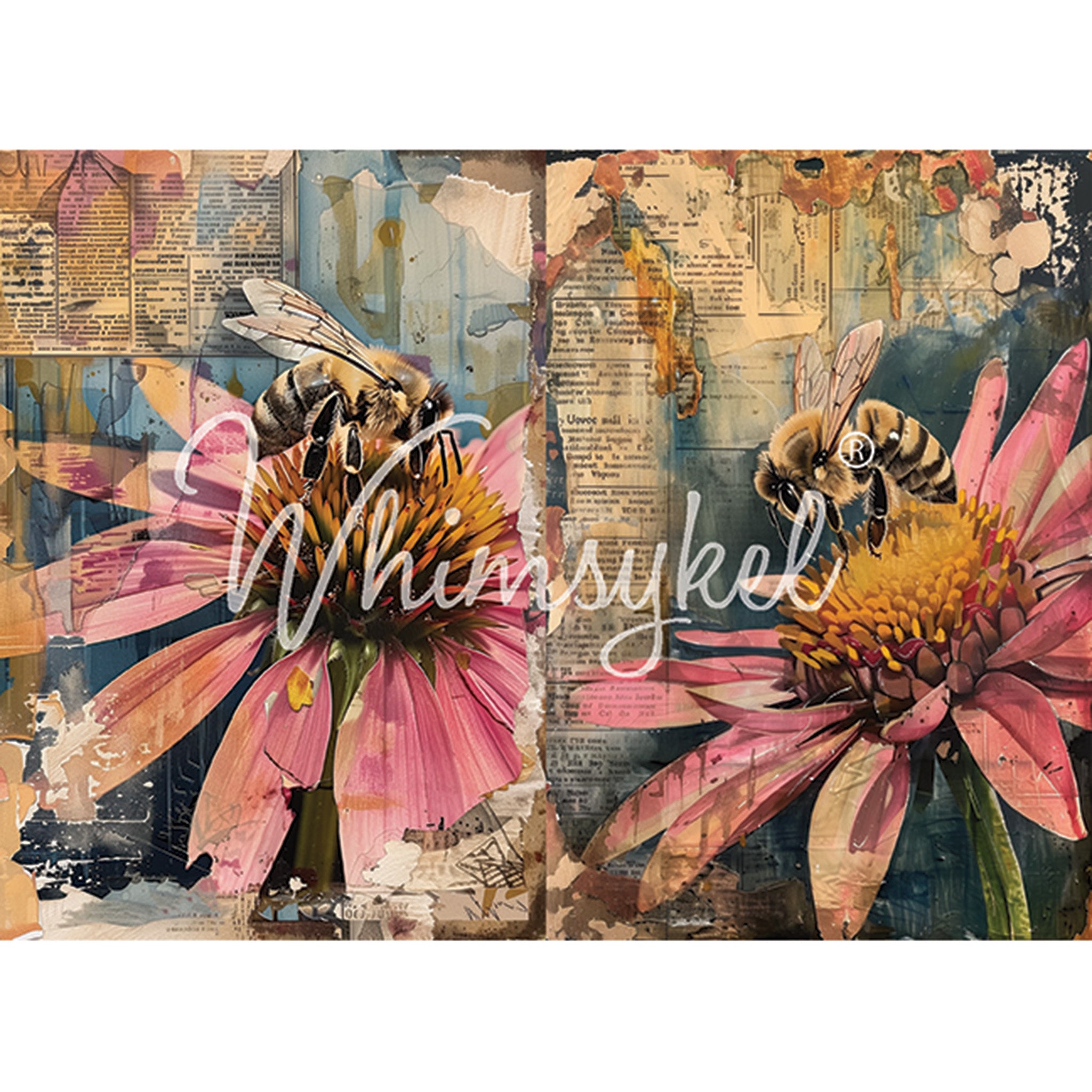 Tissue paper design that  features two distinct yet complementary designs on a single sheet, each with a warm, journal page aesthetic with large pink flowers and honey bees on them. White borders are on the top and bottom.