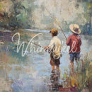 Painting of two kids fishing in a river with 'Whimsyfeel' branding.