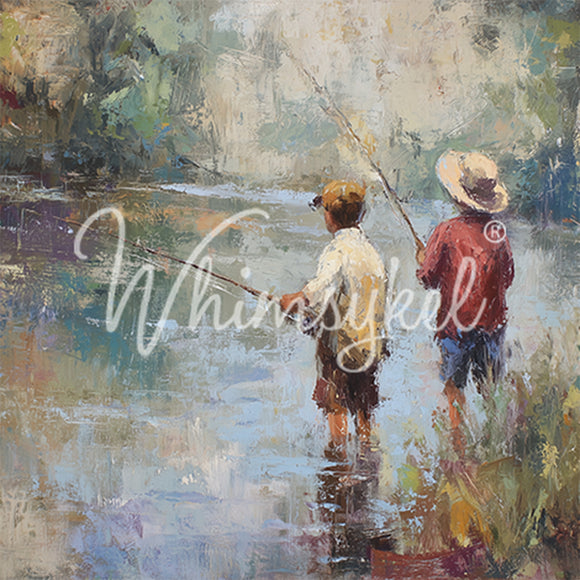 Painting of two kids fishing in a river with 'Whimsyfeel' branding.