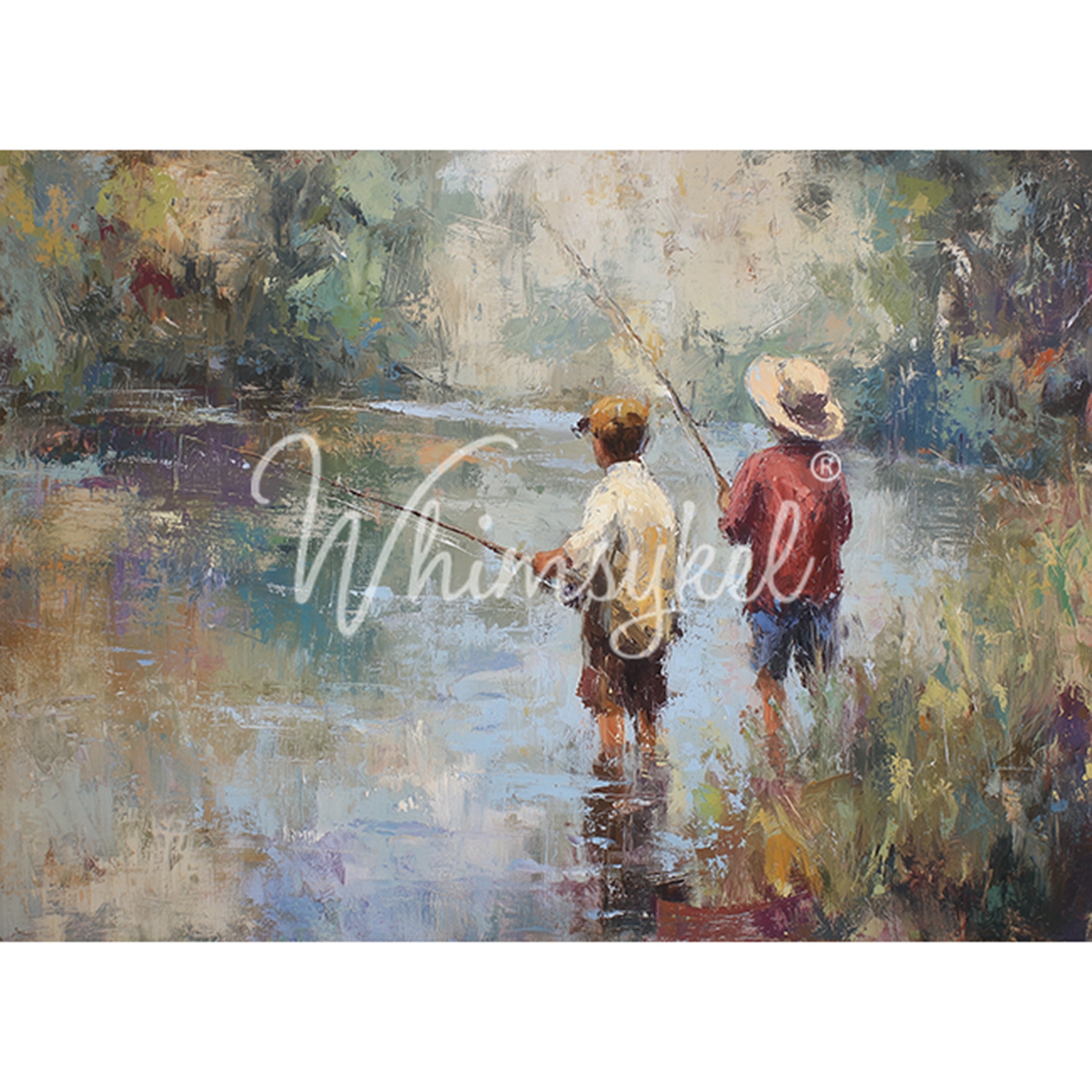 Painting of two children fishing by a river, with 'Whimsykel' branding.
