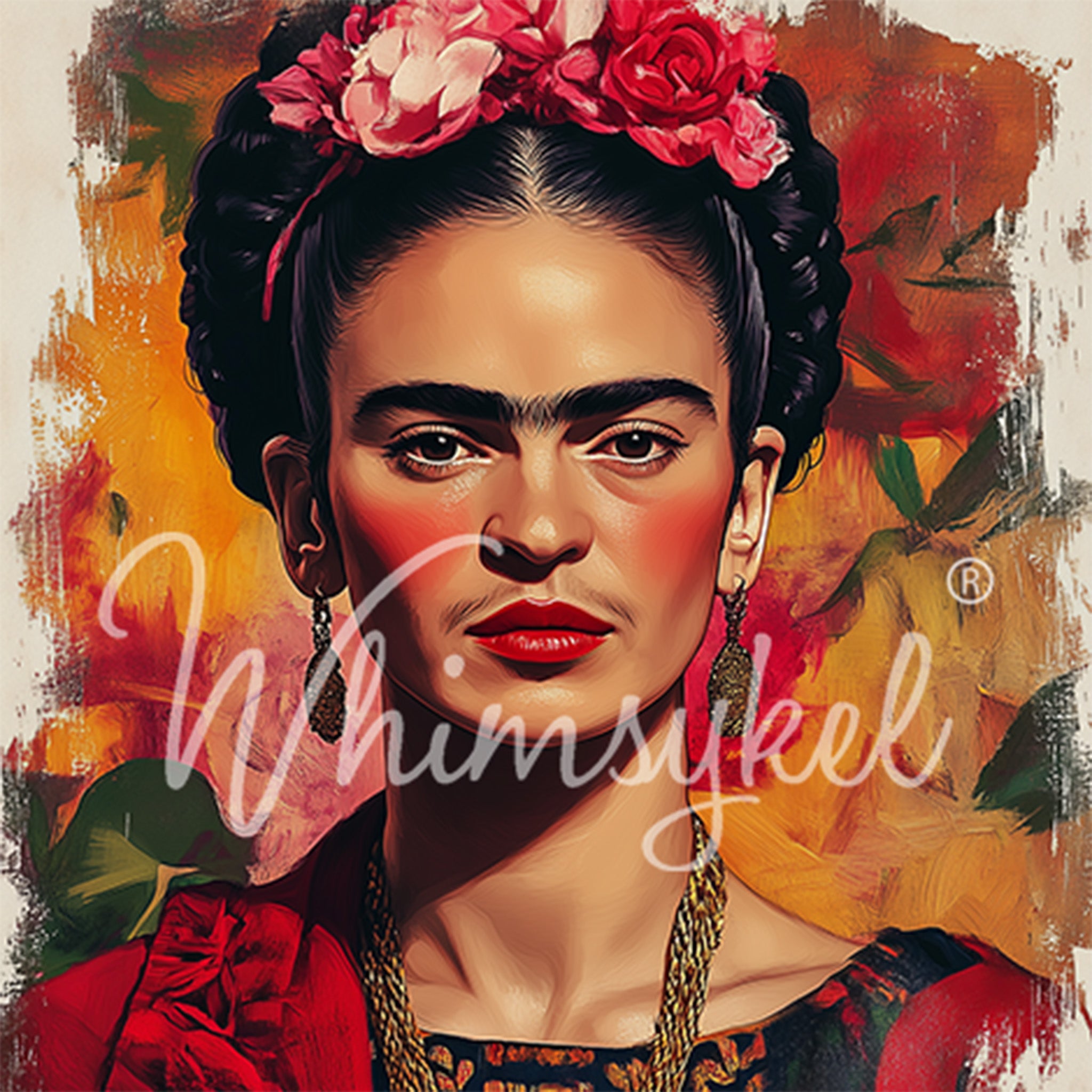 Close-up of a tissue paper featuring a colorful portrait of Frido Kahlo in a red dress with pink and red flowers in her hair against a deep yellow, green, and orange background.