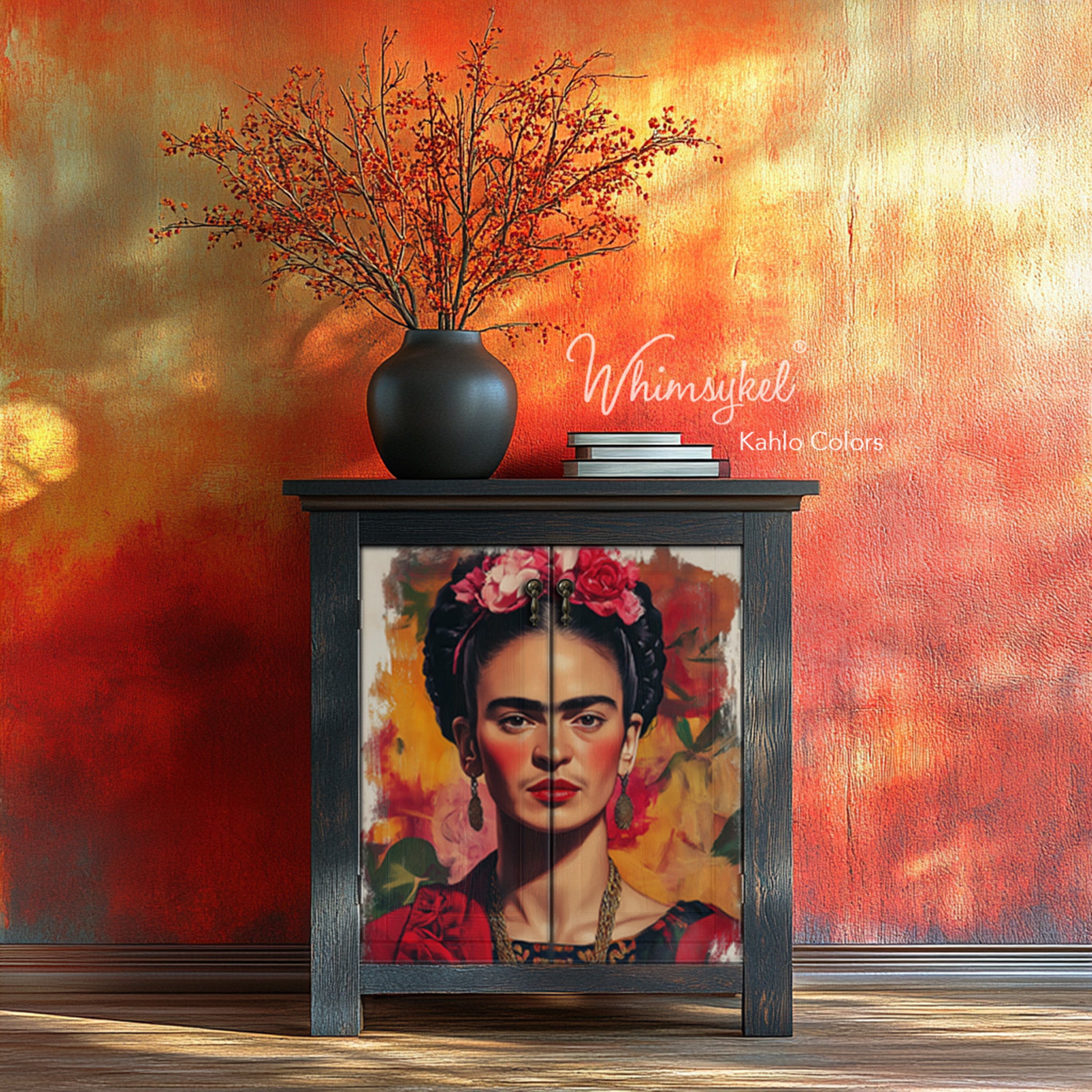 A dark grey small buffet cabinet against a blended orange and red wall features Whimsykel's Kahlo Colors tissue paper on its 2 doors. 