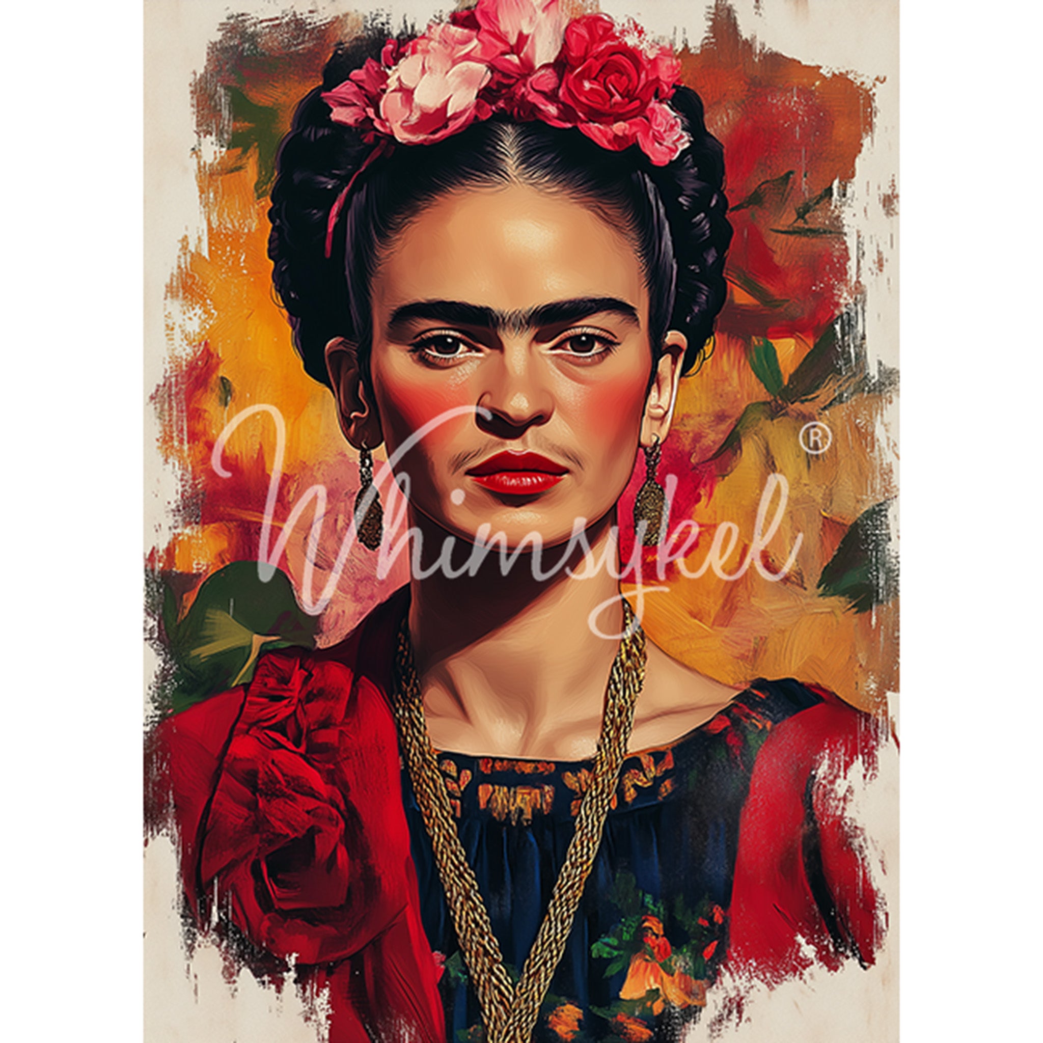 Tissue paper featuring a colorful portrait of Frido Kahlo in a red dress with pink and red flowers in her hair against a deep yellow, green, and orange background. White borders are on the sides.