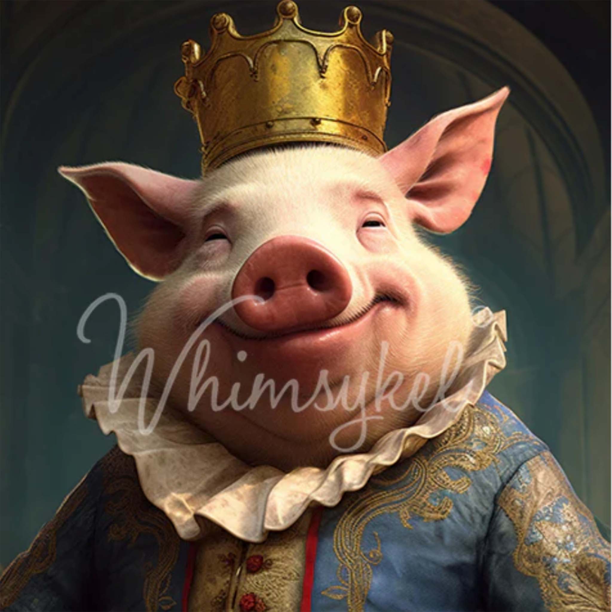 Close-up of a tissue paper design featuring a grinning pig wearing a golden crown, donning luxurious garments fit for royalty.
